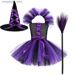 Theme Costume Witch Halloween Comes for Girls Purple Black Tutu Dress for Kids Carnival Cosplay Outfit with Broom Hat Q231010