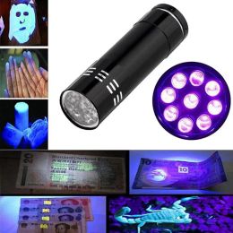 Mini UV LED Flashlight Violet Light 9LEDs Torch Lamp Battery Operated Ultraviolet Flash Lights for Anti-fake Money Detector Urine 12 LL