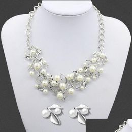 Earrings & Necklace Fashion Western Leaf Type Necklace Pearl Earrings Jewelry Woman Sweater Crystal Rhinestone Chain Wedding Gift Jewe Dhary