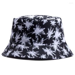 Berets Panama Bucket Hat Men Women Reversible Cap Coconut Tree Print Flat Top Hats White Black Palm Fishing Fisherman YD050