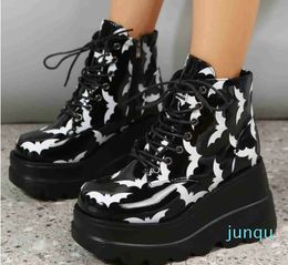 Platform Gothic Ankle Booties Women Lace Up Bat Motorcycle Boots Casual Autumn Winter Halloween Shoes