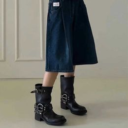 2023 New Coat Heel Short Boots Women's British Style Single Button Pullover Martin Miu Family Knight Denim Trend 10