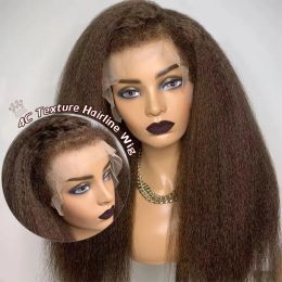 New 4C Textured Hairline transparent kinky Wigs Curly Baby Hair Natural Edges Skin Melt HD Lace Frontal Wigs brown colored Kinky Yaki Straight Human Hair Wigs 130%