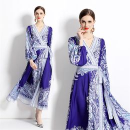 Flare Sleeve Blue Vintage Long Dress Paisley Floral V-Neck Slim Belted Side Bow Wrap Maxi Dress 2023 Womens Designer Going Out Vac2704