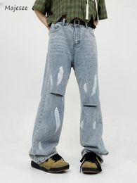 Men's Jeans Wide Leg Men Loose Hole European Style Retro Washed Bleached Punk Vintage Daily Hip-hop Ankle Length Leisure 2023