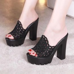 New Slippers Women Plus Size Block Heel Wedding High Gold Color Cut Out Platform Shoes Summer Hollow Sandals