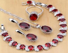 Natural 925 Sterling Silver Jewelry Red Birthstone Charm Jewelry Sets Women Earringspendantnecklaceringbracelets T055 J1907075223279