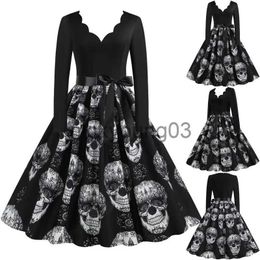 Theme Costume Skull Print Halloween Costumes for Women 2023 Robe Long Sleeve 50s 60s Housewife Retro Party Dresses Pinup Scary Cosplay Costume x1010
