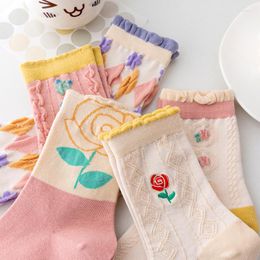 Women Socks Cotton Pink Flowers Middle Tube Rose Sock For Girl Gift Female Sox Lace Cute Kawaii Ruffles Calcetines Harajuku Soks