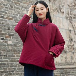 Women's Trench Coats Johnature Women Vintage Solid Colour Loose Button Stand Long Sleeve Thick Cotton Clothing 2023 Winter Chinese Style