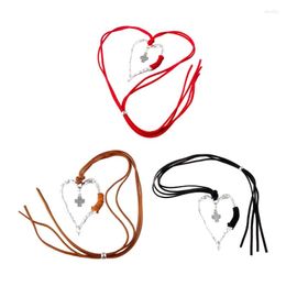 Pendant Necklaces Big Silver Color Heart Long Leather Necklace Women Statement T8DE