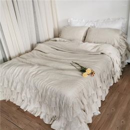 Bedding Sets Pure Linen 3 Layer Ruffle Comforter Cover Set Farmhouse 1 Duvet Elastic Band Fitted Sheet 2 Pillowcases