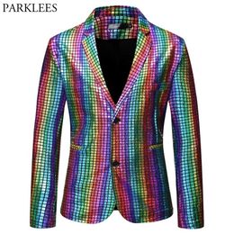 Mens Stylish Dancer Stage Blazer Jacket Gold Silver Rainbow Plaid Sequin Blazer Male Disco Festival Carnaval Party Prom Costumes 2258F