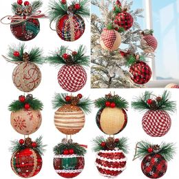 Christmas Decorations 12/24Pcs Red Green Plaid Christmas Balls With Pine Cone Xmas Tree Hanging Foam Pendant Christmas Decorations Navidad Year 231009