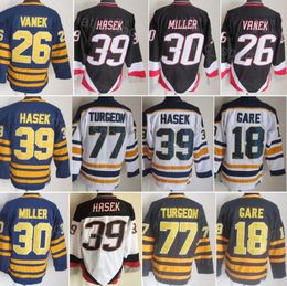 Retro Hockey Vintage 39 Dominic Hasek Jersey CCM 77 Pierre Turgeon 26 Thoma Vanek 18 Danny Gare 30 Ryan Miller 11 Gilbert Perreault Classic Retire For Sport Fans Sale