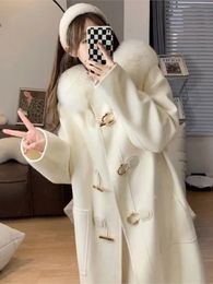 Womens Wool Blends women elegant fur collar winter overcoats female horn botton sweet white long coats korean thick warm outerwears 231010