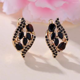 Hoop Earrings Exquisite Cubic Zirconia Black Leaf For Women 14K Gold Plated Geometric Pierced Clip Girls' Goth Jewelry