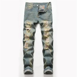 Big Size Mens Classic Straight Leg Ripped Jeans Fashion Designer Slim Fit Washed Solid Hole Biker Hip Hop Retro Blue Denim Pants J245z