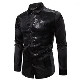 Mens Black Long Sleeve Button Down Dress Shirts 2020 Shiny Sequin Silk Satin Shirt Men Business Party Shirt Male Chemise Homme1272D