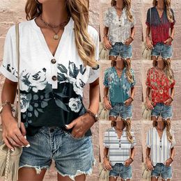 Women's Blouses 2023 Summer Loose V-Neck Pullover Short Sleeve Printed Button Shirt Woman Fashion Casual Versatile Top Lady Clothing