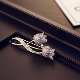 New trendy fashion luxury designer glittering cute lovely diamond double roses flower elegant pin brooches Jewellery for woman girls238N