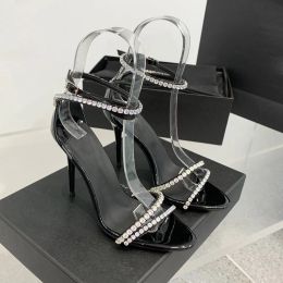 New crystal-encrusted strap Stiletto heel Sandals Pointed Toes Ankle strap 10cm Heels sky-high heel for women luxury designers shoes party heeled shoes