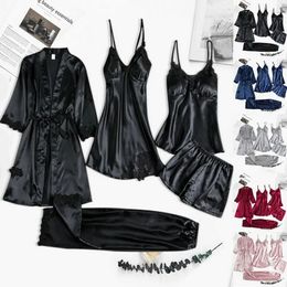 Sexy Pyjamas Pajama Set Women Lace Trim Satin Sleepwear Pour Femme Summer Nightwear With Pants Casual Home Wear Kimono Robe Gown PJS 231010