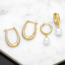 Hoop Earrings FLOLA Minimalist Zircon Copper Gold Plated Hoops For Women Pearl Dangle Ball Fashion Small Jewellery Gift Erst66