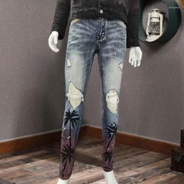 Men's Jeans Motorcycle Pants 2023 Spring Coconut Tree Print Patchwork Jean HombreStreetwear Ripped Noir Homme Zipper For Men