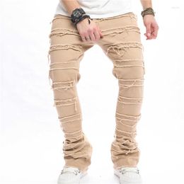 Men's Jeans 2023 Khaki Fashion Mid-Waist Slim Stretch Casual Flares Patchwork Streetwear