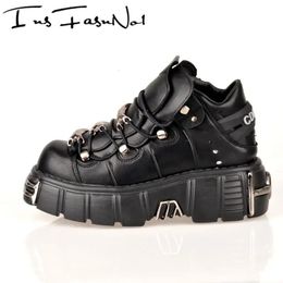 Dress Shoes Gothic Punk Style Women Sneakers Flat Platform Metal Toe Chunky Sneakers Rock Design Black Shoes Casual Runway Walk Shoes 231009