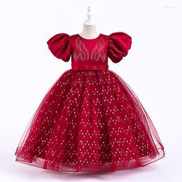 Girl Dresses 4-14Y Christmas Princess Dress Red Mesh Crystal Dots Prints Puff Sleeve Cotton Kid's Ceremony Party Prom Gown For Children