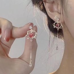 Stud Earrings Korean Girl Pink Love Zircon Water Drop Lovely Temperament Long Heart-shaped