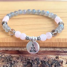 MG1222 6 mm Total Zen Wrist Mala Buddha Bracelet Grade Labradorite Rose Quartz Yoga Mala Bracelet Buddish Jewelry242O