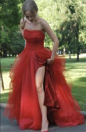 A Line Red Evening Prom Dresses Elegant Strapless Party Dress with Slit Formal Party Gowns Celebrity Gowns vestidos de festa