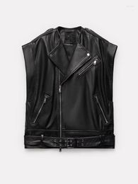 Women's Vests FTLZZ Spring Autumn Women Fashion Faux Leather Vest With Belt Lady Streetwear Sleeveless Lapel Zipper Moto Biker Jacket Coat