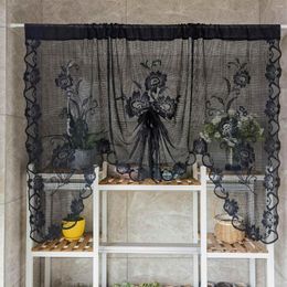 Curtain Black Floral Lace Pull Roman Lifting Sheer Voile Drape Door Small Window Kitchen Porch Partition #E