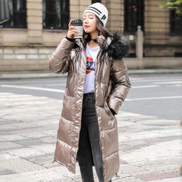 Women's Trench Coats Fur Collar X-long Winter Jacket Women Solid Hooded Korean Style Parkas Female With Epaulet Shiny Thick Outwear