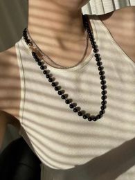 Chains Black Agate Ball Beaded Necklace For Women Extra Long Sweater Jewellery Natural Stone Winter