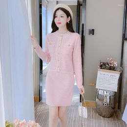 Work Dresses Pink Sweet Two Piece Set Women Fashion Autumn Outfits Round Neck Simple Single Breasted Top Skirt Elegant Ladies Suit Casual