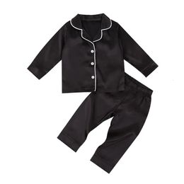 Pajamas Baby Boy Black Satin Silk Pajama Sets Sleepwear Long Sleeve Top Pants 17Y Toddler Kids Children Summer Fall Casual Nightshirt 231010