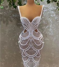 Luxury Sparkly White Sequined Prom Dress 2024 Straps Pearls Sheath Ankle Length Women Birthday Party Formal Gowns Robe De Soiree