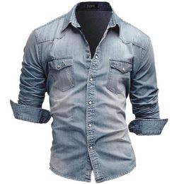 Men's Casual Shirts Denim Shirt Jeans Fashion Autumn Slim Long Sleeve Cowboy Stylish Wash Fit Tops Asian Size 3XL2505