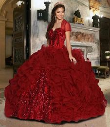 Glitter Burgundy Quinceanera Dresses Sequined Organza Ruffles Pluffy Long Princess Prom Occasion Dress For Sweet 16 Girls Party 2023 Long Pagenat Ball Gown