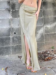 Skirts Legant Satin Split Long Skirt Solid Straight Low Rise Zipper Tie Up Midi Summer Holiday Clothing Women Y2k Chic