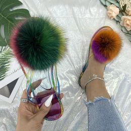 Slippers Fur Flip Flops Women Summer Beach Slippers Ladies Real Fur Furry Pom Transparent Crystal Flats Slides Fur Sandals 231009