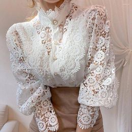 Women's Blouses Fashion Hollow Out Shirt Autumn/Winter Long Sleeve Lace Underlay Elegant Office Lady Button Blouse Tops Ropa Para Mujer