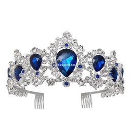 Hair Clips & Barrettes Baroque Royal Queen Gold Wedding Crown Crystal Princess Tiara Headbands Blue Dropship259E