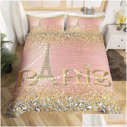 Bedding Sets Eiffel Tower Duvet Er Set Single Twin King For Kids Girl Teen Room Paris Microfiber Gradient Diamond Quilt Drop Deliver Otz2E