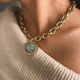 2021 Vintage Green Stone Pendant Necklace Statement Gold Color Metal Long Chain Necklace for Women Jewelry236K